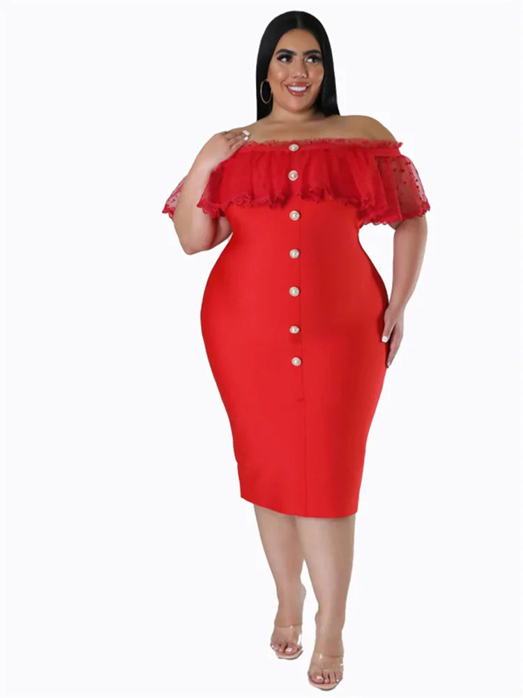 Maxy Plus Size Party Dress Women Clothing Solid Mesh Patchwork Off Shoulder Dress Fashion Outfits