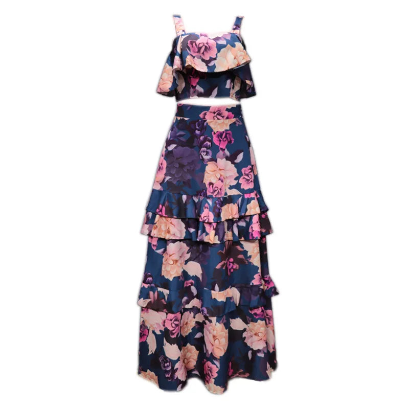 Maxy 2 Piece Set Women Stylish Floral Elegant Printed Sleeveless Short Top+Loose High Waist Pleated Long Skirt Sets
