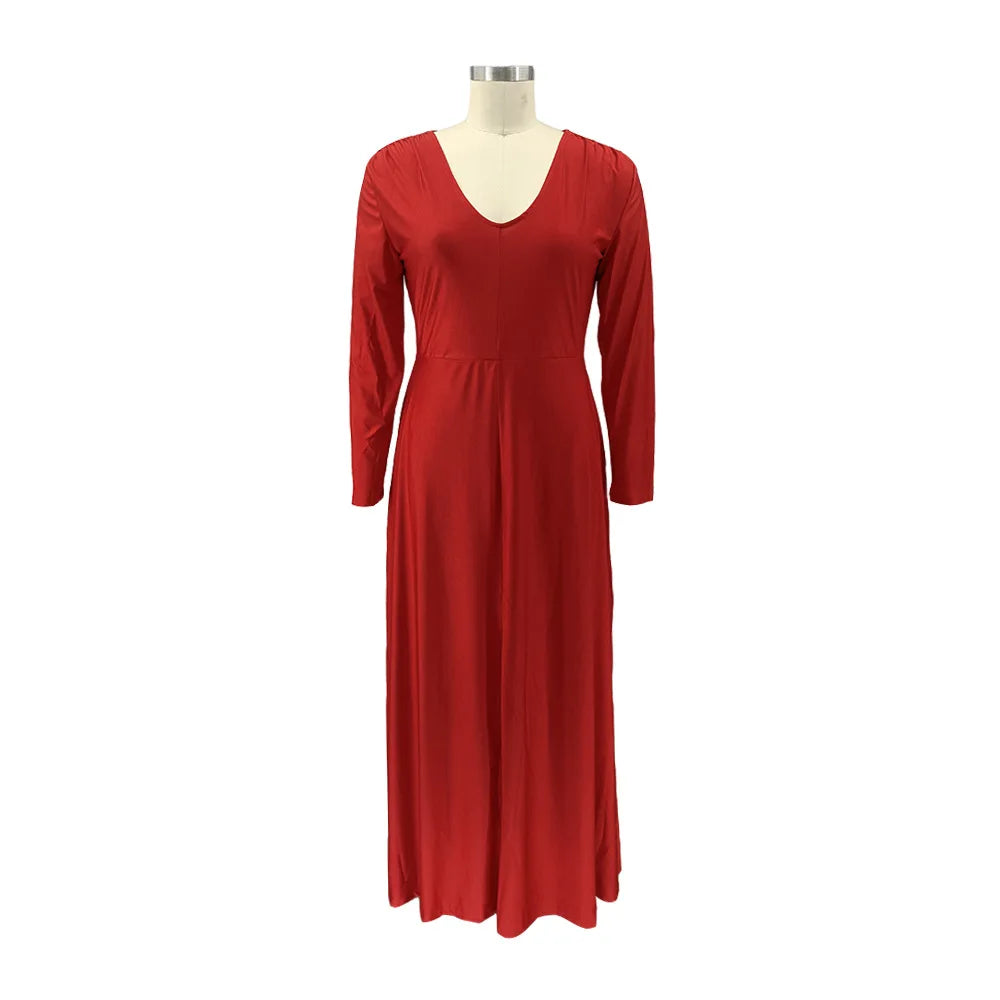 Maxy Plus Size Party Dresses Women Clothing 2024 V Neck Long Sleeve Solid Loose Elegant Maxy Dresses