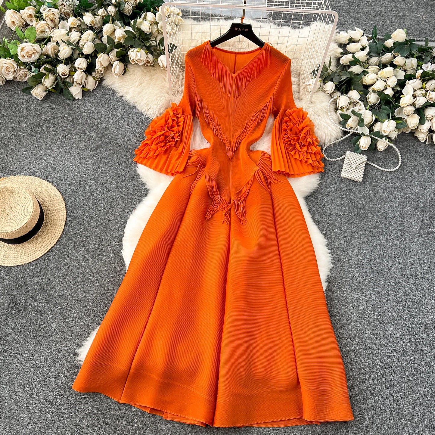 Vintage Elegant V-neck Flare Sleeve tassels pleated Dress A-line Fashion Beach Spring Summer Vestidos Women  Dresses