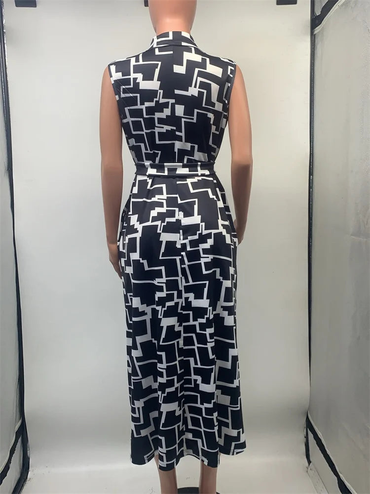 Maxy Women Dress Sleeveless Print Fashion Casual Temperament Turn Down Collar Female Shirt Dresses Daily Holiday Clothing