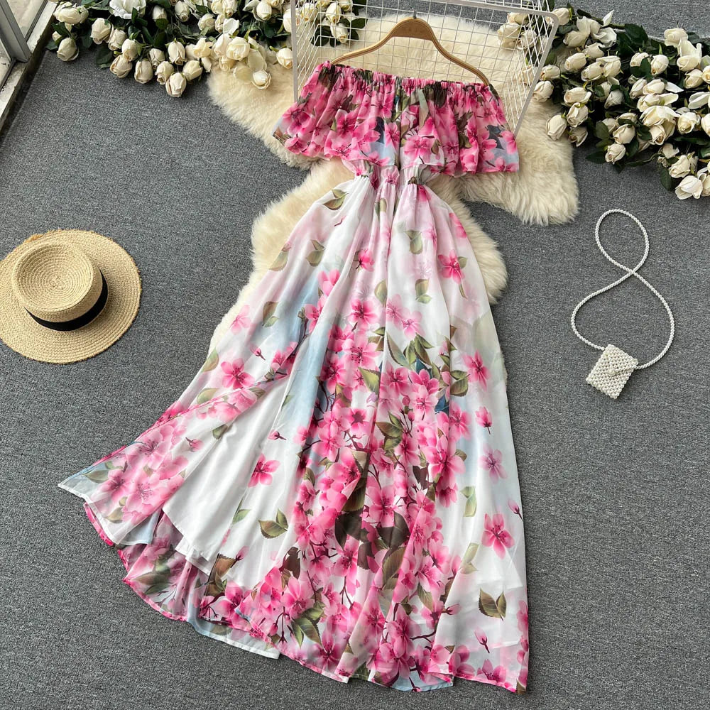 Summer Ruffle Off The Shoulder Chiffon Dress Women Sexy Slim A-line Printed Dresses Ladies Viantage Beach Split Maxi Dress