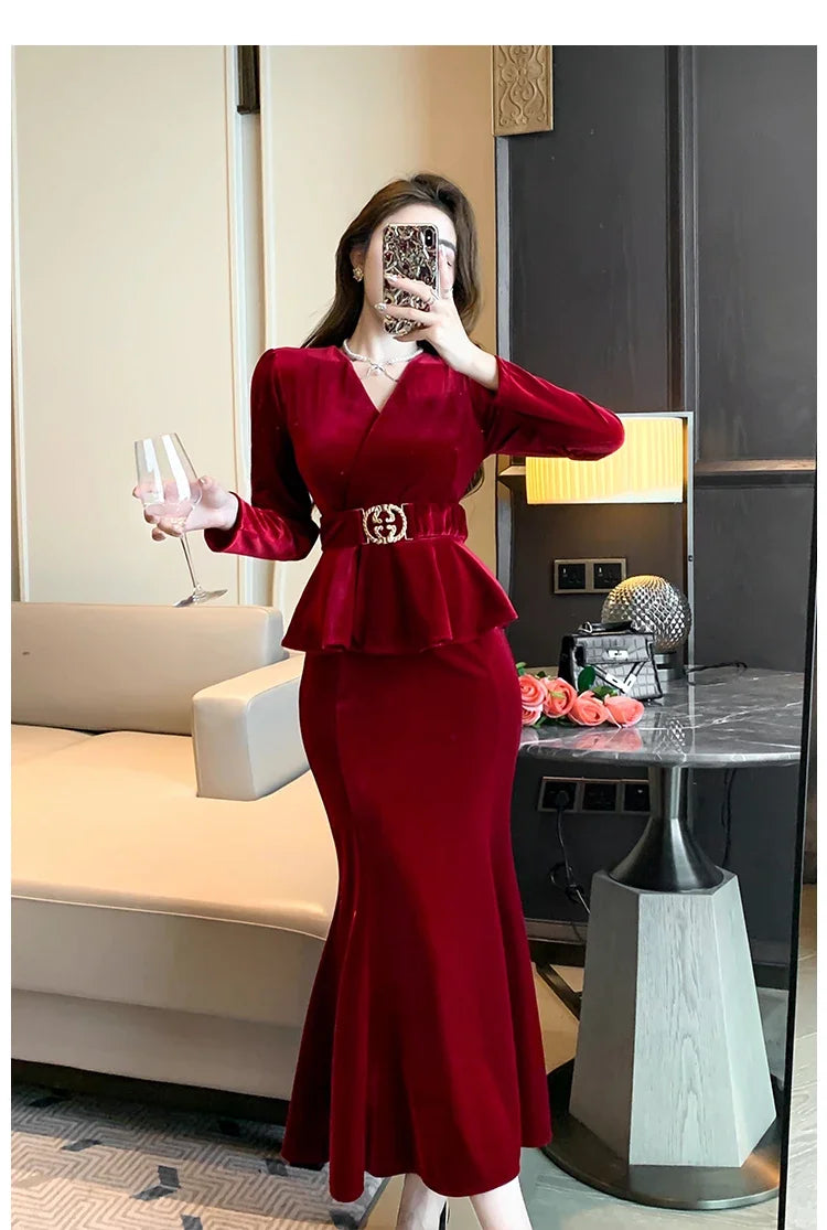 Babs Winter Red Velvet Chic Ruffled Bandage Long Dress Women Elegant Luxury Festival Dress Gown Korean Elegant Prom Dress