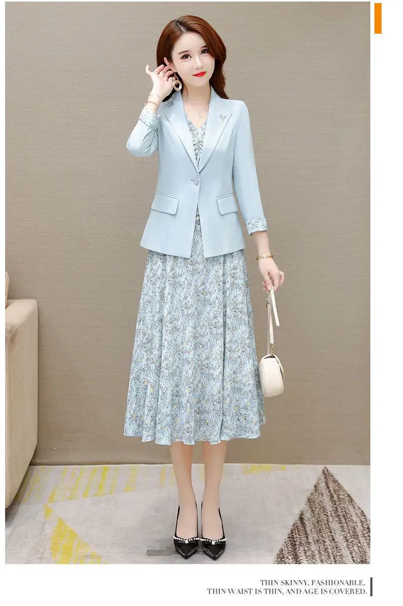 Maxy Women's Dress Set Spring Summer New Fashion Floral Suit Jacket+chiffon Skirt Two-piece Korean Casual Blazers Matching Sets