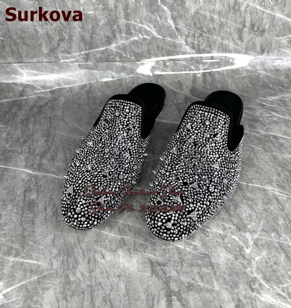 Maxy Surikova Men's Bling Silver Crystal Flat Slippers Metallic Rivets Loafers Slip-on Glittering Rhinestone Dress Shoes Mules