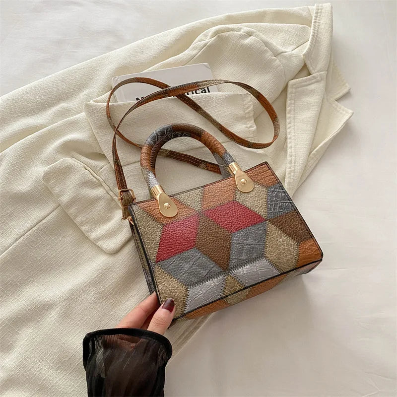 Maxy Fashion Patchwork Leather PU Top-handle Bags For Women, Square Design Ladies Handbags Crossbody Shoulder Bags For Daily Used
