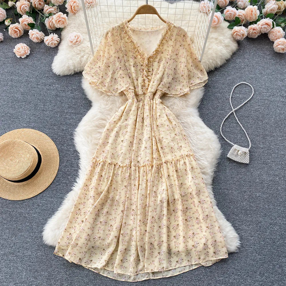 Maxy Ruffled Women Summer Long Dress 2024 Elastic Waist V Neck Vacation Chic Elegant Ladies A Line Slim Beach Dresses