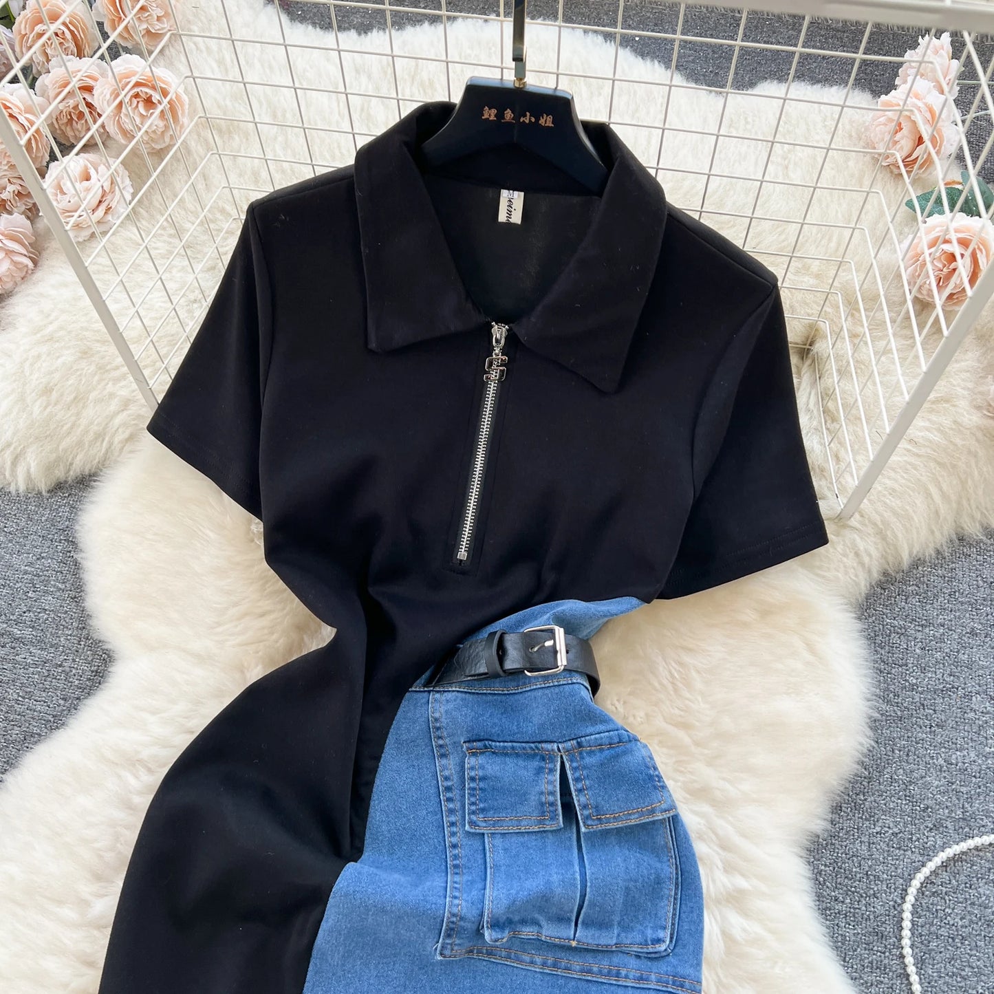 Babs Korean Chic Denim Dress Women Retro Patchwork Slim Medium Length Short Sleeved Casual Dresses Ladies Streetwear Short Dress