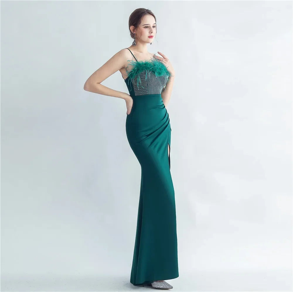 Babs Sequin Sexy Bust Beading With Feather Spaghetti Strap Slit Long Mermaid Party Night Dresses