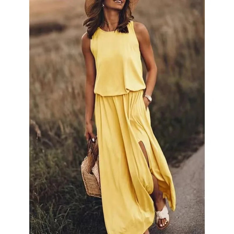 Babs Summer Women's Long Dress Black Oversize O-neck Sleeveless Elegant Office Dresses Female Trendy Casual Fashion Clothes Lady