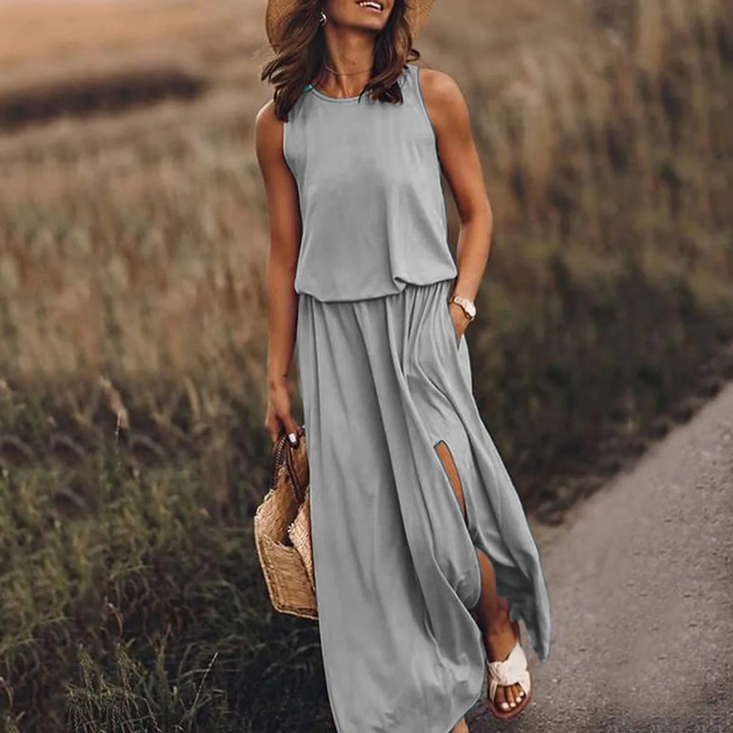 Babs Summer Women's Long Dress Black Oversize O-neck Sleeveless Elegant Office Dresses Female Trendy Casual Fashion Clothes Lady