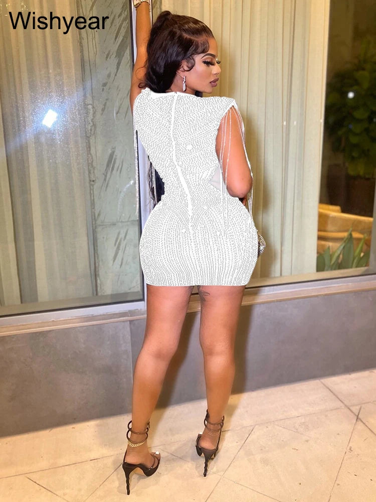 Babs Elegant Party Evening Bodycon Mini Dress Women White Sheer Mesh Patchwork Short Prom Luxury Rhinestone Birthday Outfits