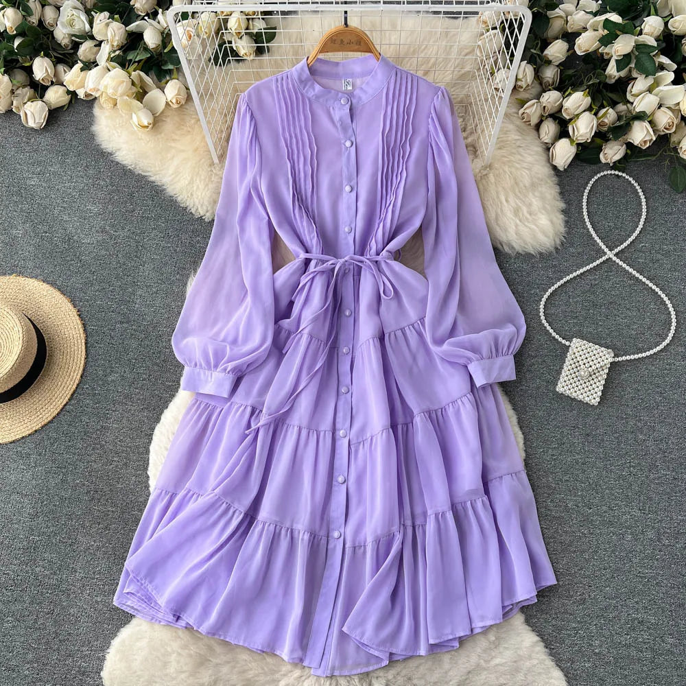 Maxy Spring Autumn Women Purple/Yellow/Blue Draped Chiffon Midi Dress Elegant Stand Collar Single Breasted Lantern Sleeve dress