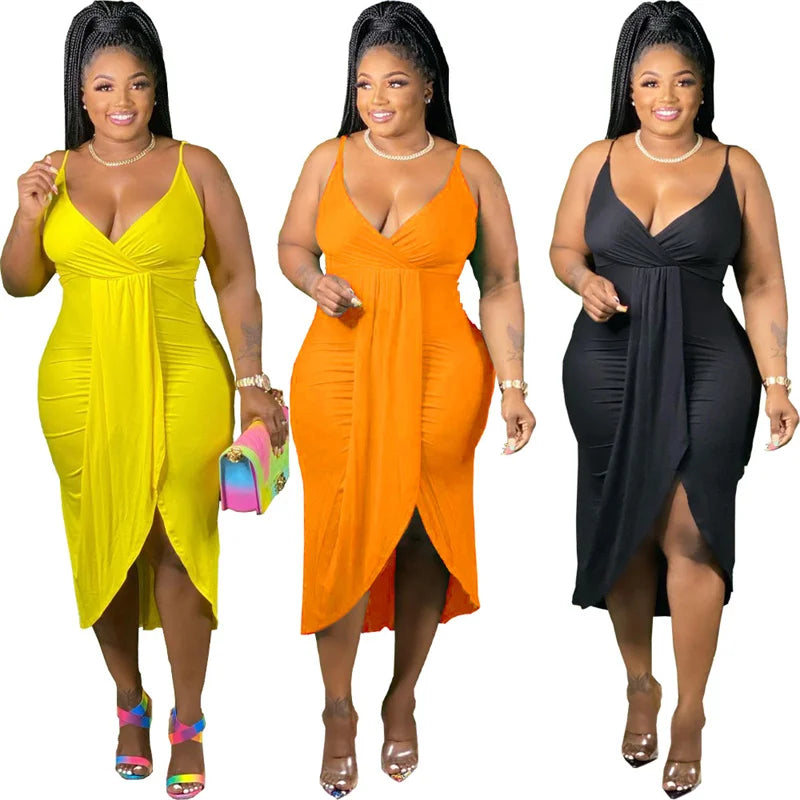 Maxy Plus Size Women Dresses Summer Clothing Sexy Bodycon Stretch Sling Solid Party Dress 2024