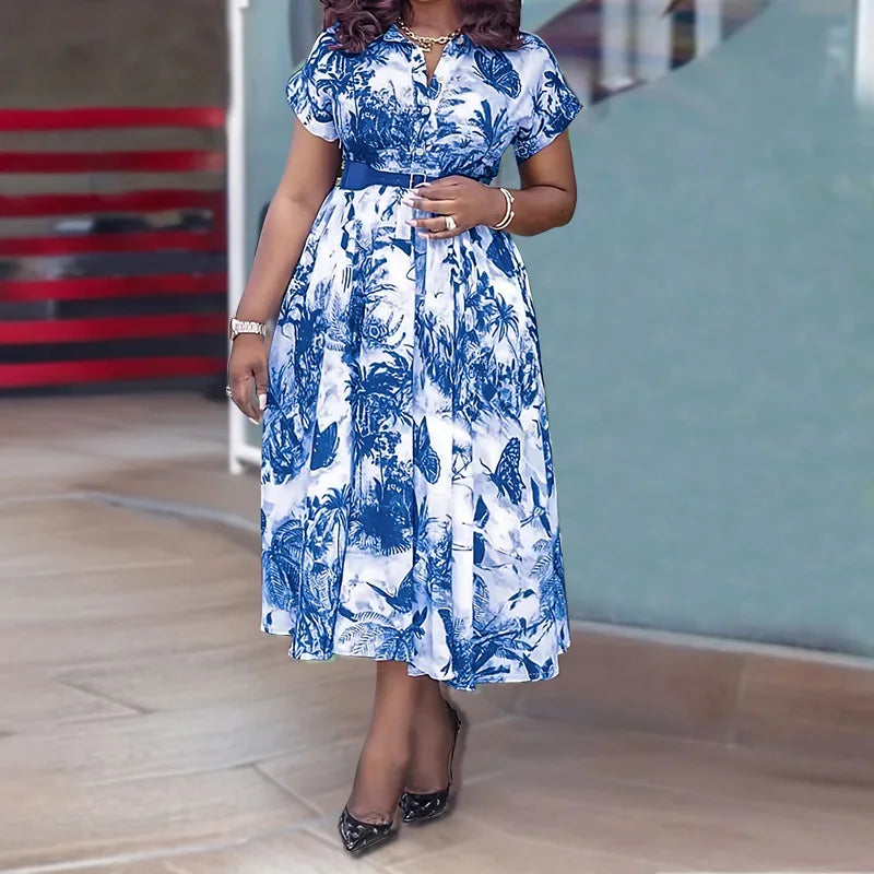 Amay Women Elegant Printed Party Dress Turn Down Collar Short Sleeve Pleated A-Line With Belt African Office Work Wear Plus Size 5XL