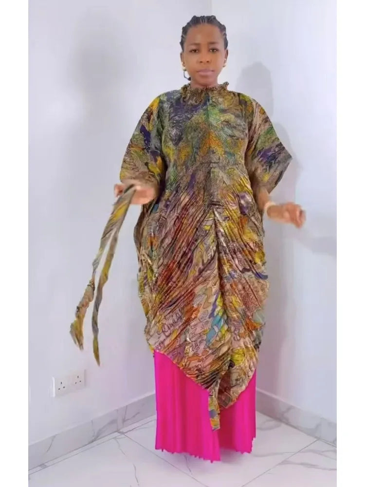 Maxy African Miyake pleated printed suit top + wide-leg straight pants two-piece fashion women's clothing summer new