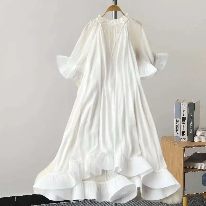 Maxy GVUW A Line Dress Women V Neck Flare Sleeve Loose Solid Color Lace-up A Line Fashion New 2025 Medium Long Dresses 17G7813