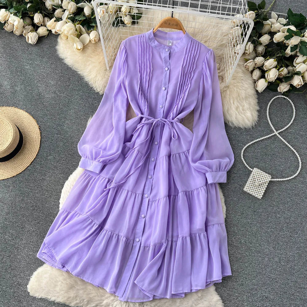 Maxy Spring Autumn Women Purple/Yellow/Blue Draped Chiffon Midi Dress Elegant Stand Collar Single Breasted Lantern Sleeve dress