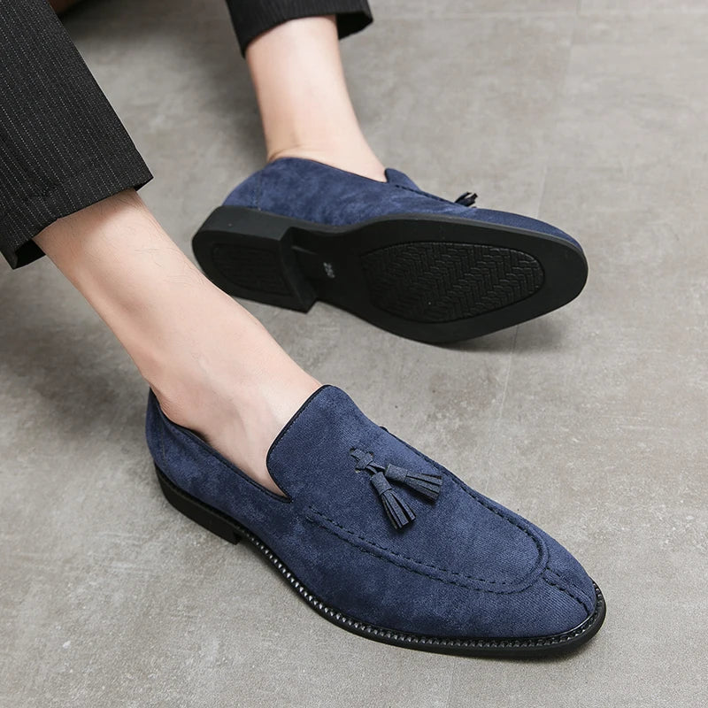Visco Men's Loafers Brand Suede Leather Shoes Vintage Slip-on Classic Casual Men Driving Shoes Wedding Male Dress Shoes Tassel pointed