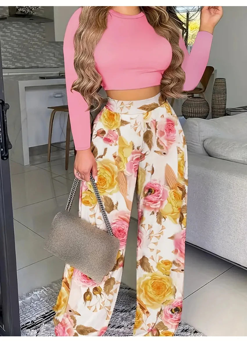 Macy Casual Fashion Two-piece Set Female Solid Long Sleeve O-Neck Tops & Floral Print Wide Leg Pants Outfits Women's Clothing