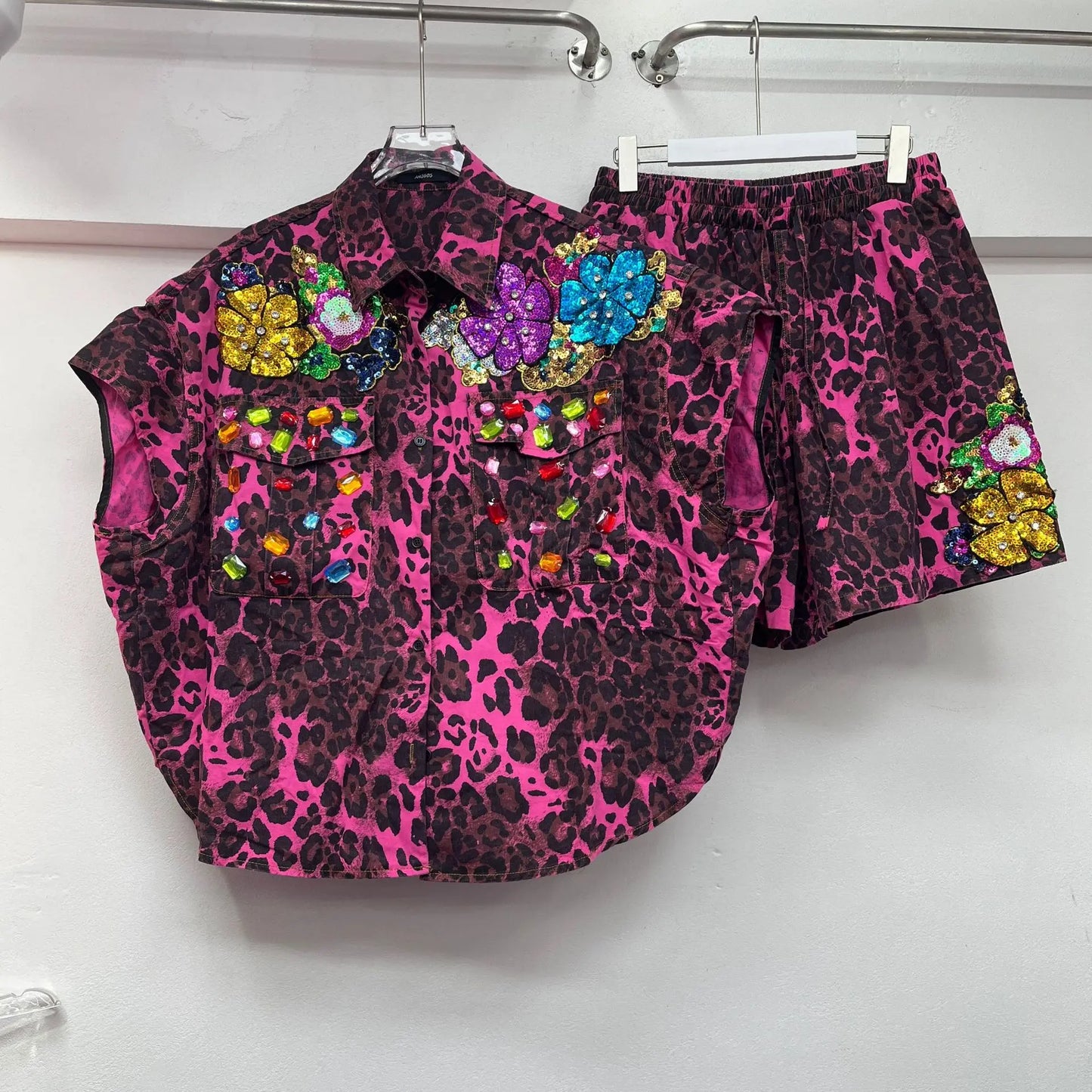 Maxy Leopard Printed Flowers Embroidery Sequined Shirts Rhinestones Blouses Diamonds Beaded Cardigan Tops + Elastic Shorts 2Pcs Set
