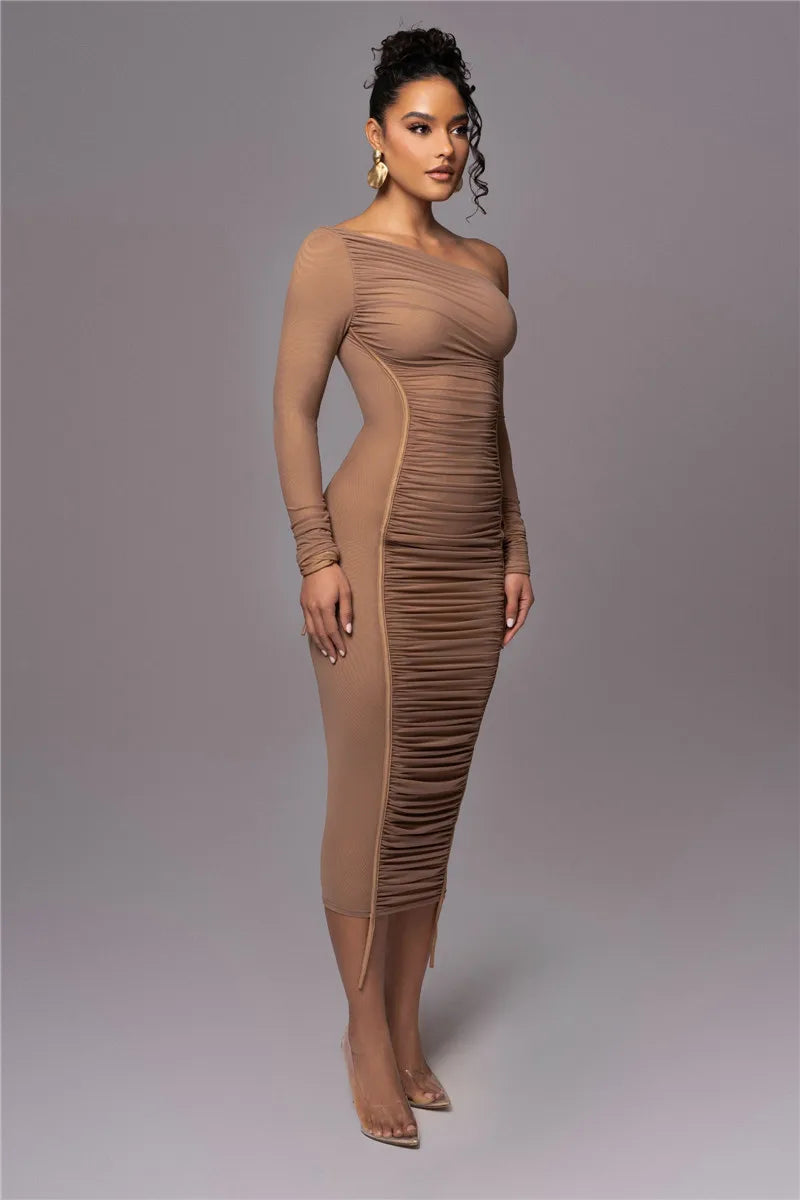 Maxy Diagonal Collar Long Sleeve Midi Dress for Women Two Layer Mesh Backless Bodycon Club Party Sexy Long Dress