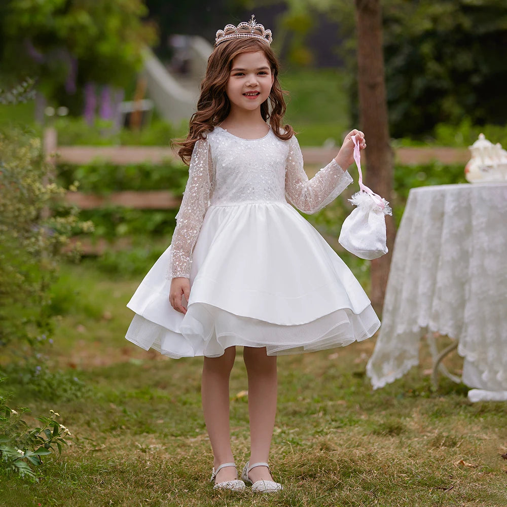 Maxy Princess Long Sleeve Sequin White Wedding Girls Party Dresses Formal Bow Birthday Princess Dress for Girl Baptism Bridesmaid Kids Clothes