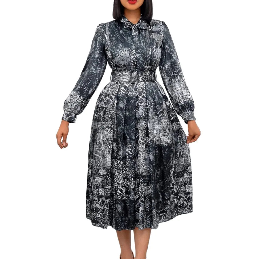 Maxy Clothing for Women High Waist Elegant Dress Office Work Wear Long Sleeve Printed Party Dress