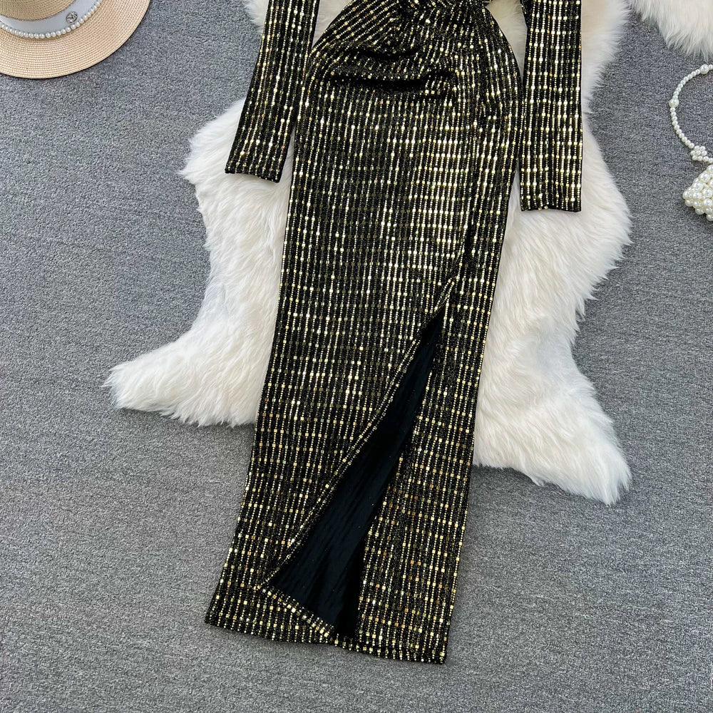 Babs Elegant Chic Y2K Women's Dress Long-sleeve V-neck Split Sequins Patchwork Hip Warp Dresses Autumn Winter
