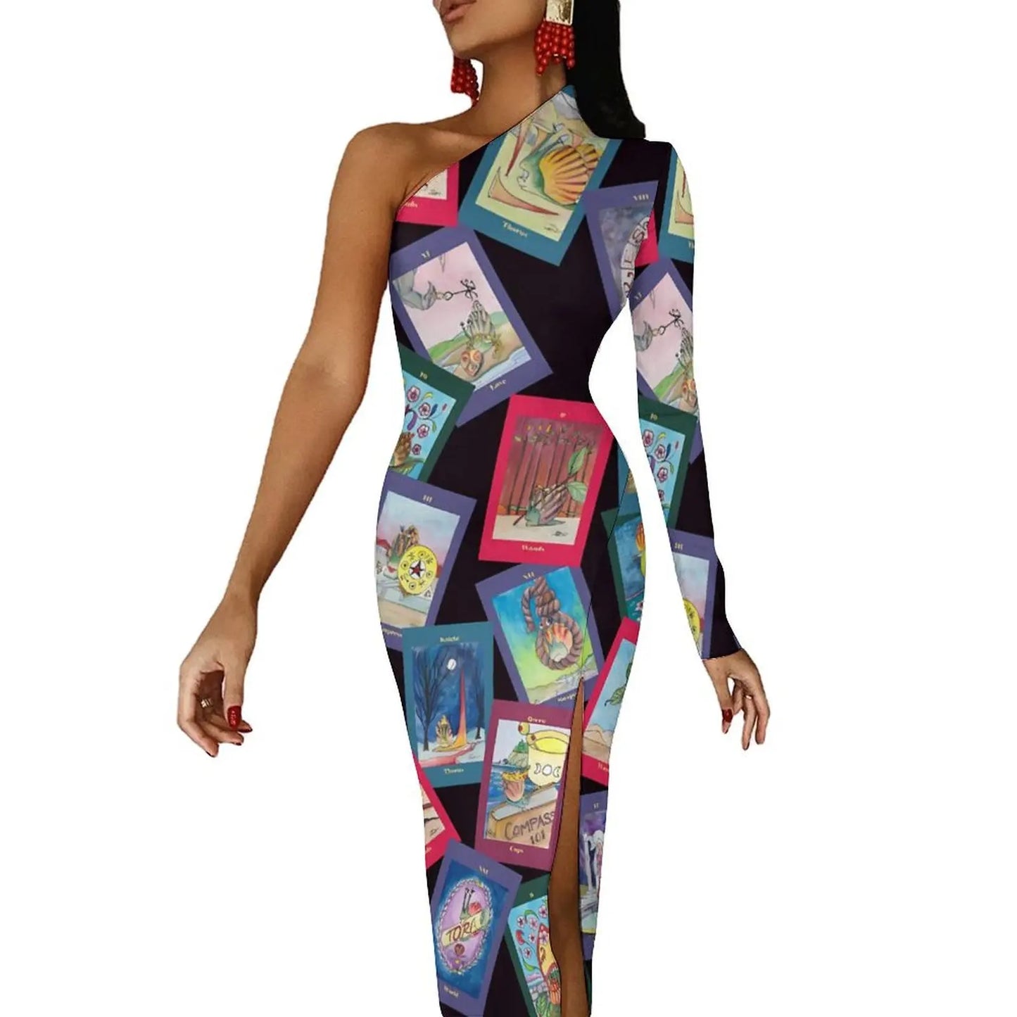 Maxy Gold And Black Tarot Bodycon Dress Women's Major Arcana Night Club Maxy Dress Long Sleeve Party Custom Dresses Birthday Present