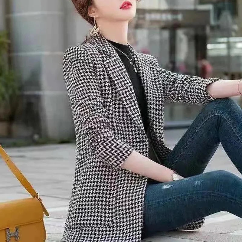 Maxy New Spring and Autumn Elegance Commuting Simple and Slim Fit Versatile Suit Collar Long Sleeved Bird Grid Oversize Suit