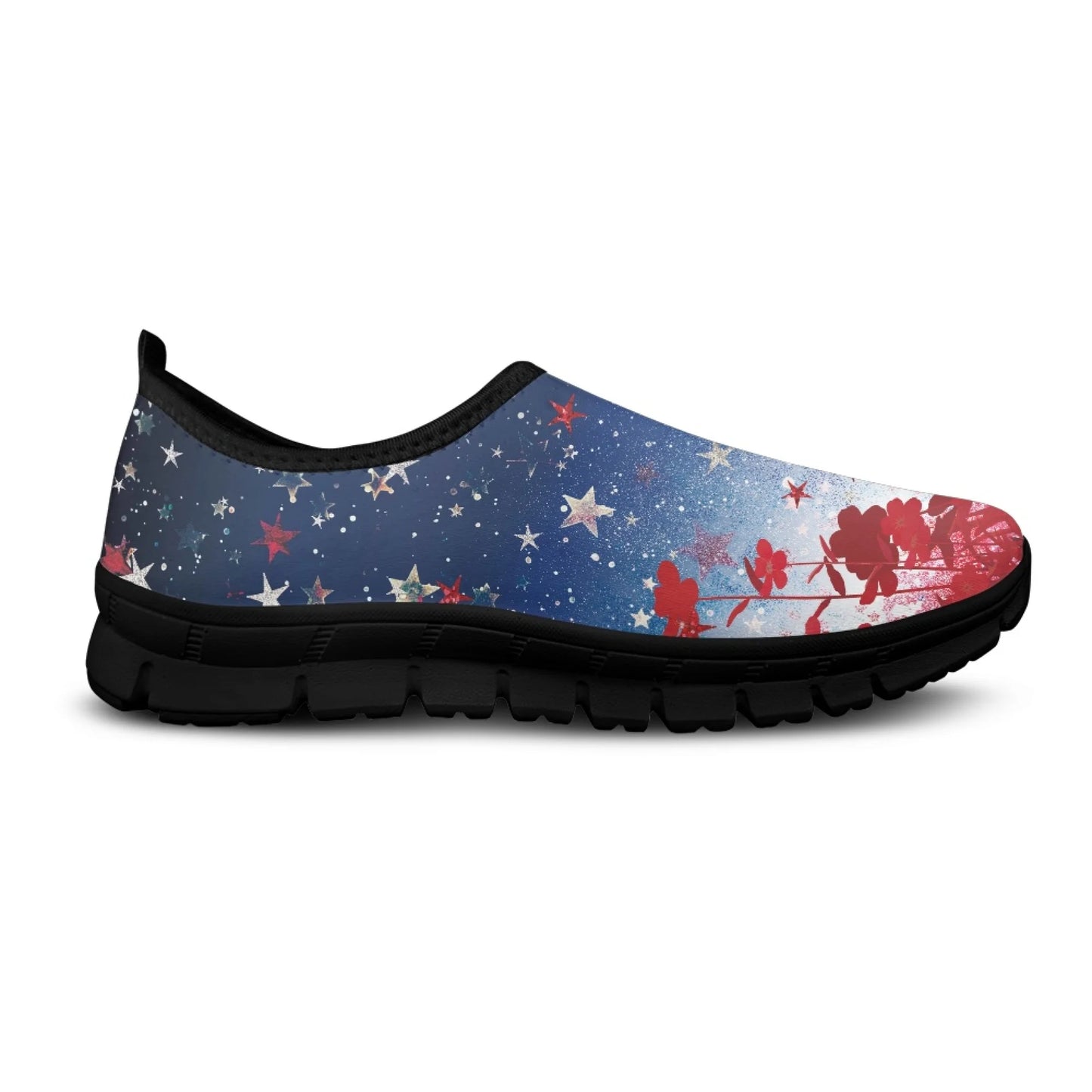 Maxy Women Flat Shoe Red Flowers Stars Walking Comfortable Casual Workout Sneakers Breath Mesh Shoes Loafers