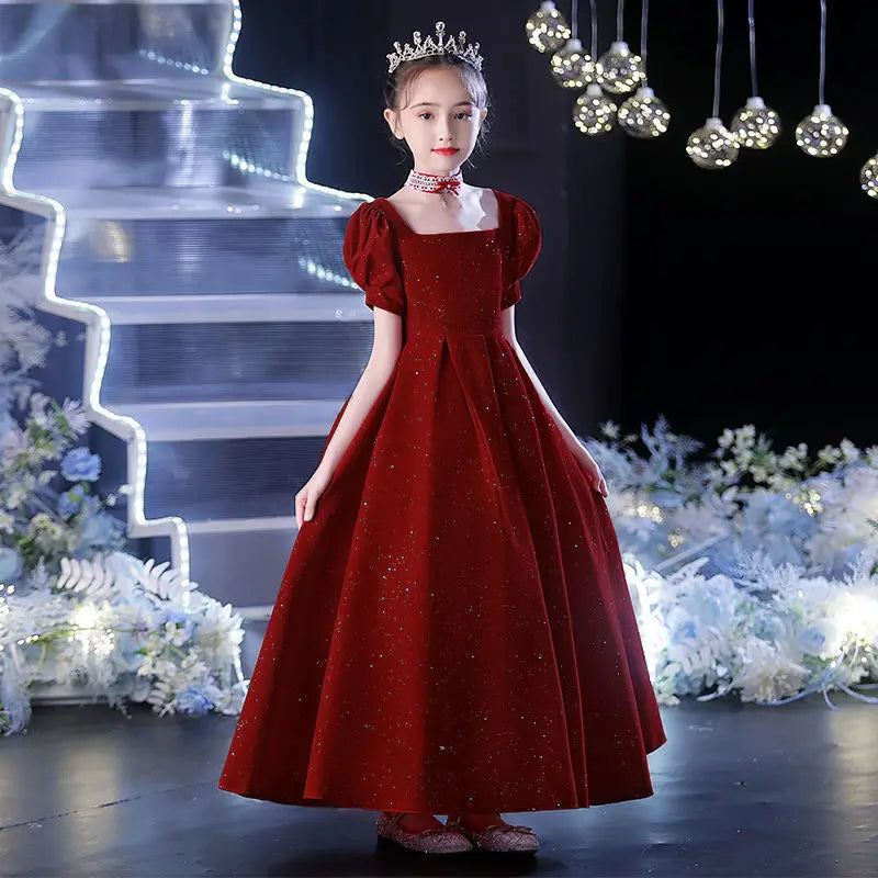 Wedding Flower Kid Elegant Costumes Christmas Party Children Formal Burgundy Long Dresses Teen Girls Birthday Gala Fashion Dress