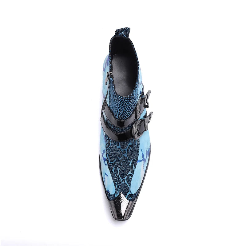 Amay Handmade Luxury Genuine Leather Men Boots Blue Snake Skin Italian Business Dress Formal Shoes Double Buckle Cowboy Ankle Boots