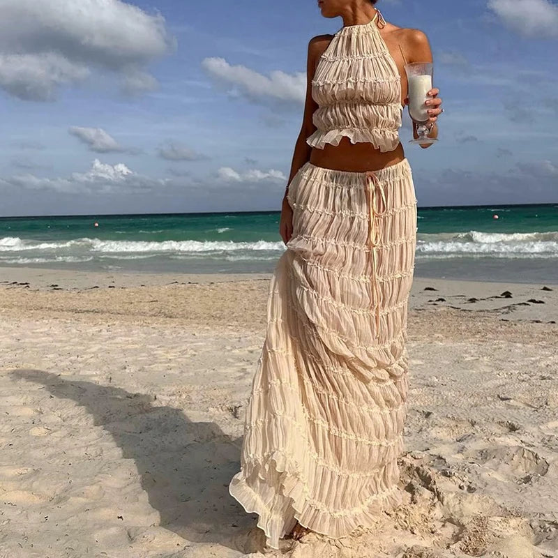 Maxy Women Boho Sexy Backless Matching Suit 2 Piece Beach Holiday Outfits Vintage Ruched Halter Cami Tops + Maxy Long Skirt Party