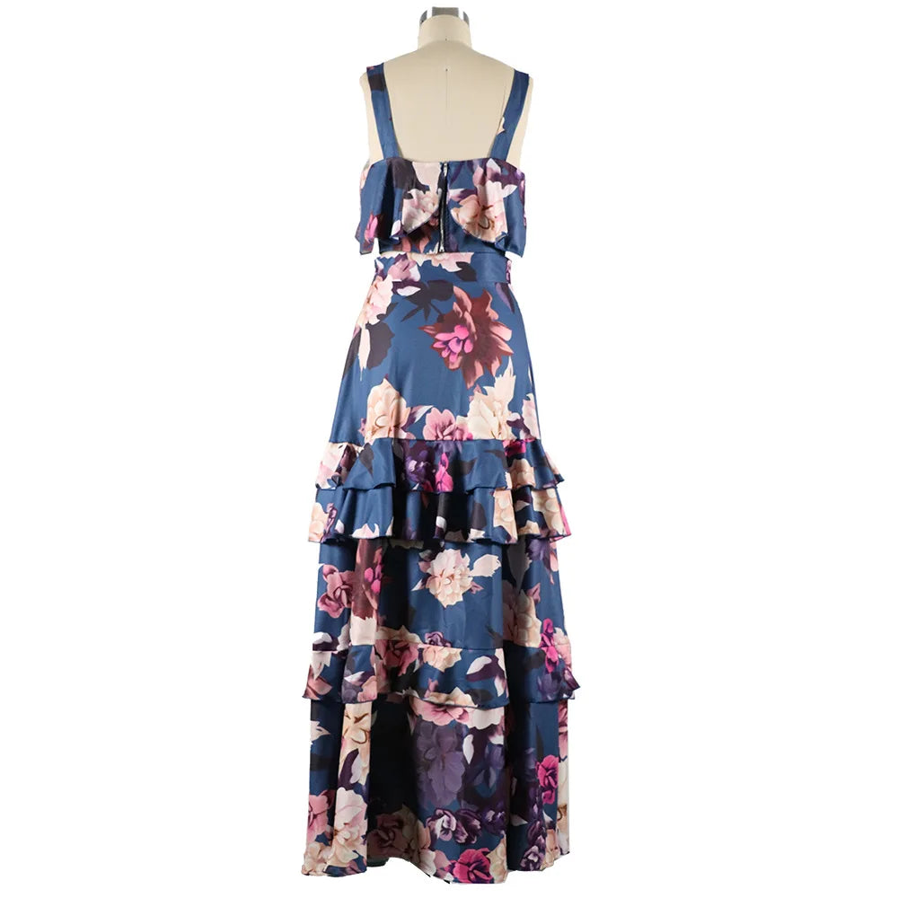 Maxy sleeveless crop top + maxy skirt women two pieces suit dresses vintage floral print ruffles summer set robe