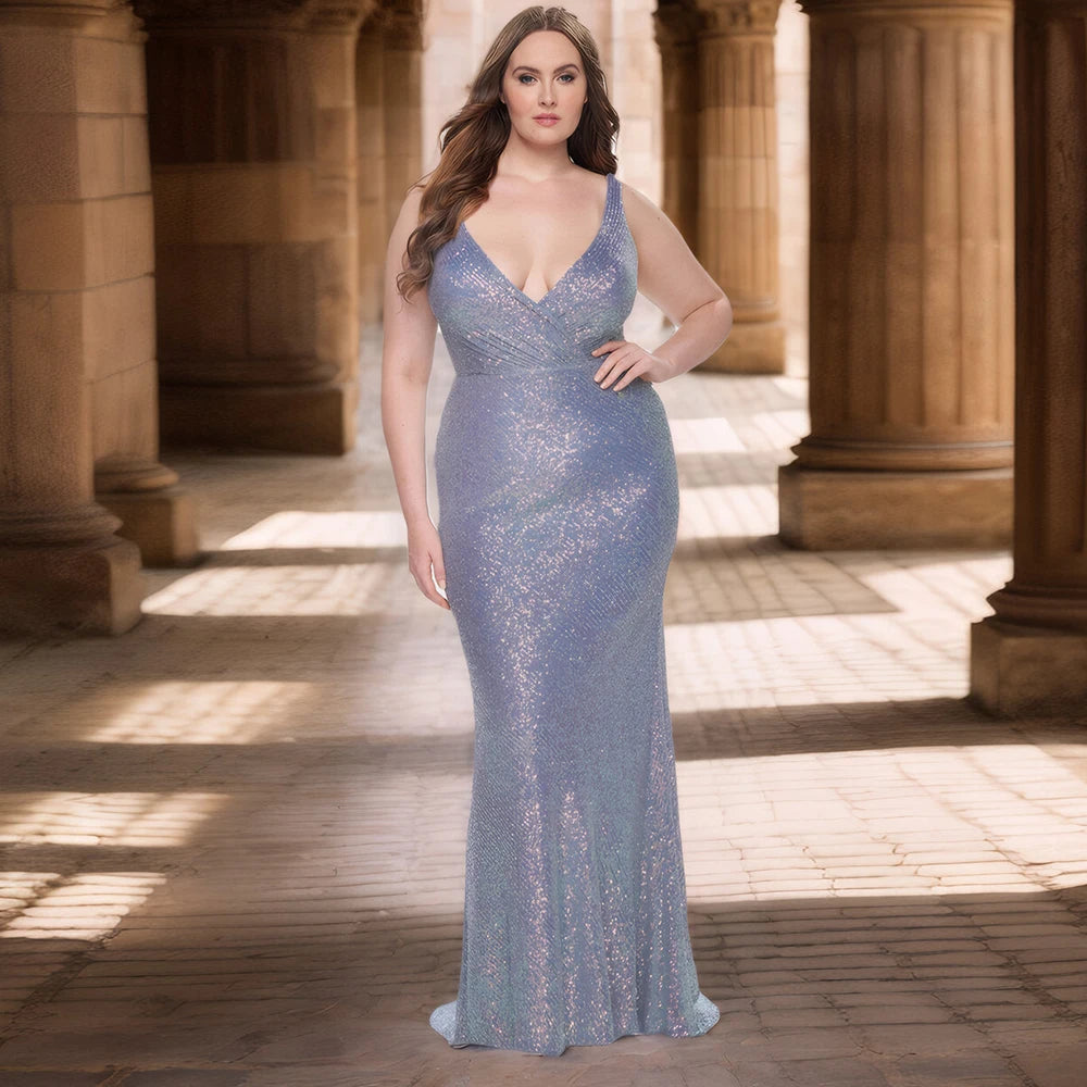 Maxy Sequins Gradient Color Plus Size Women Dress Sexy Deep V-Neck Slim Bridesmaid Dress Sleeveless Female Party Evening Long Dresses