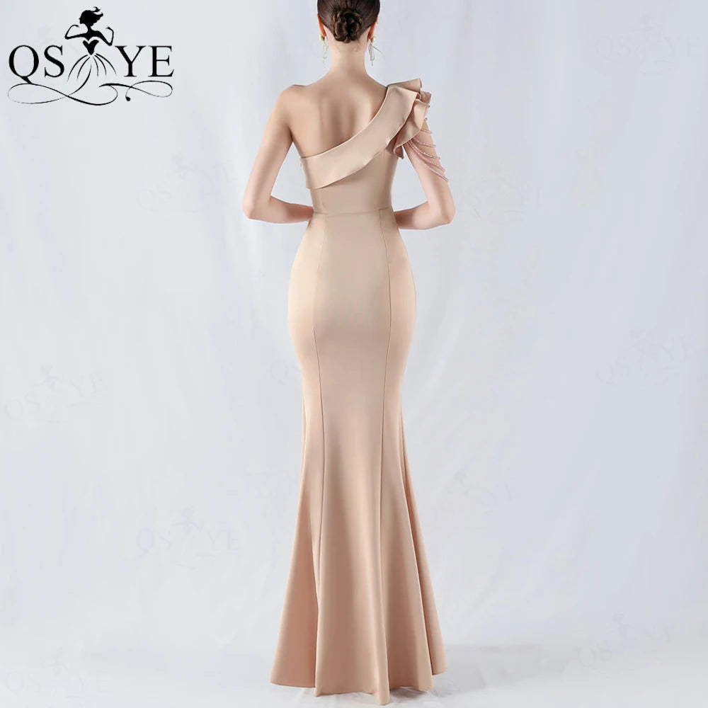 Maxy Beading Strap Ruffles One Shoulder Champagne Prom Dresses Slit Stretchy Satin Fitted Party Gown Lapel Neck Elegant Evening Dress