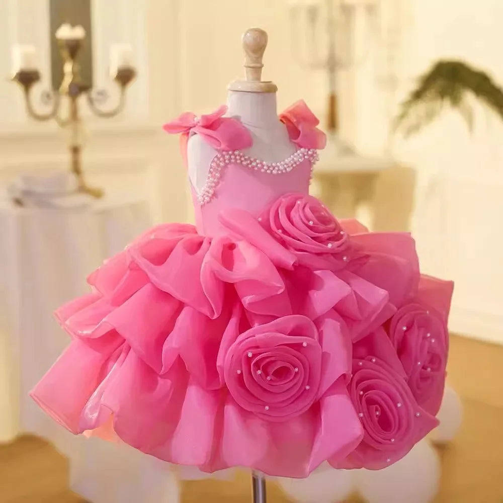 Amay luxury Girls Princess Rose evening dress Children pearl Bow tutu Wedding Gown Kids Dresses baby infant Birthday Party Dress