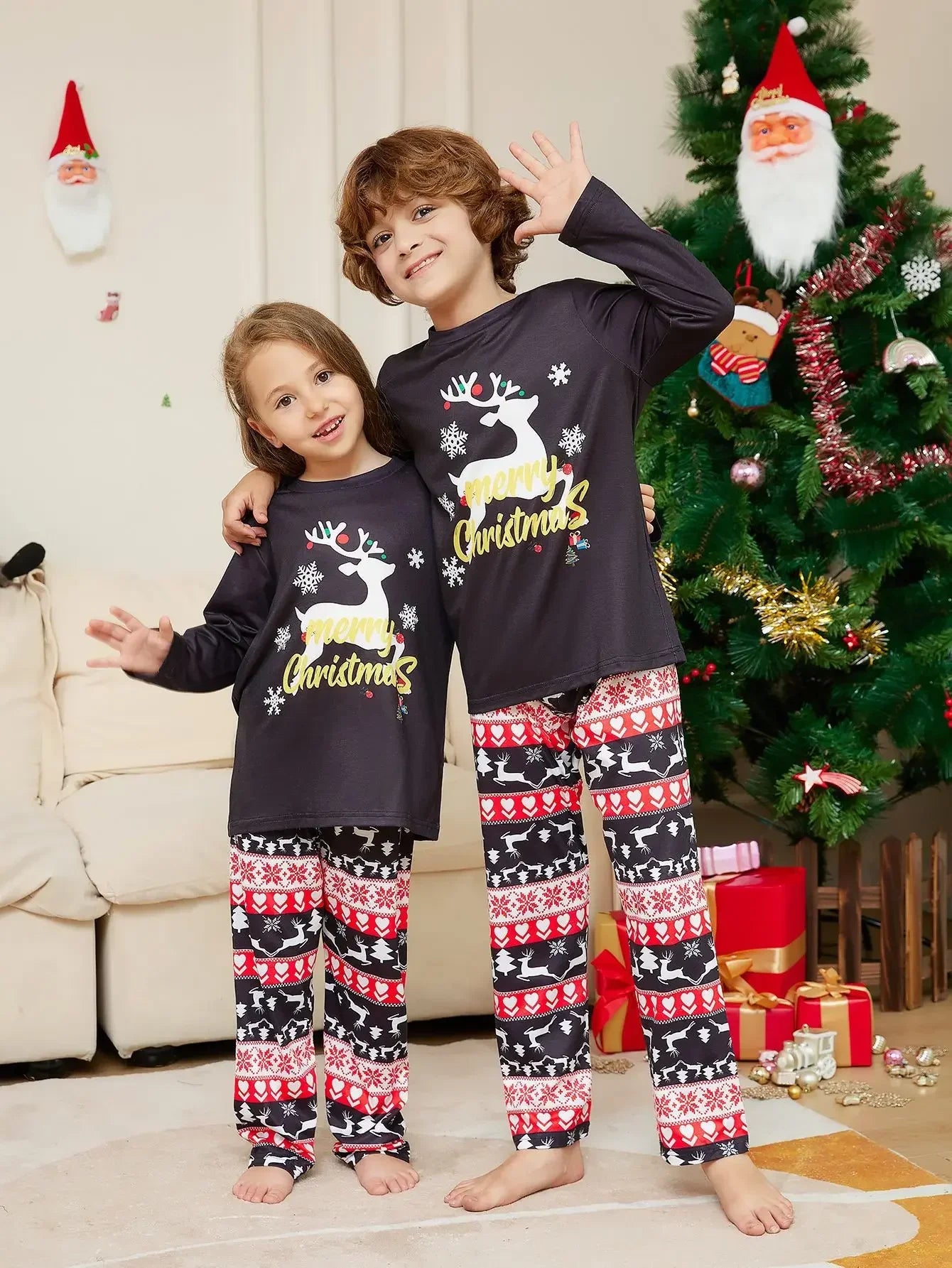 Xmas Look Toddler Boys Girls Pajamas Set Cartoon Print 2 Piecers Suit Sleepwear Christmas Matching Clothing Set Baby Romper Pjs