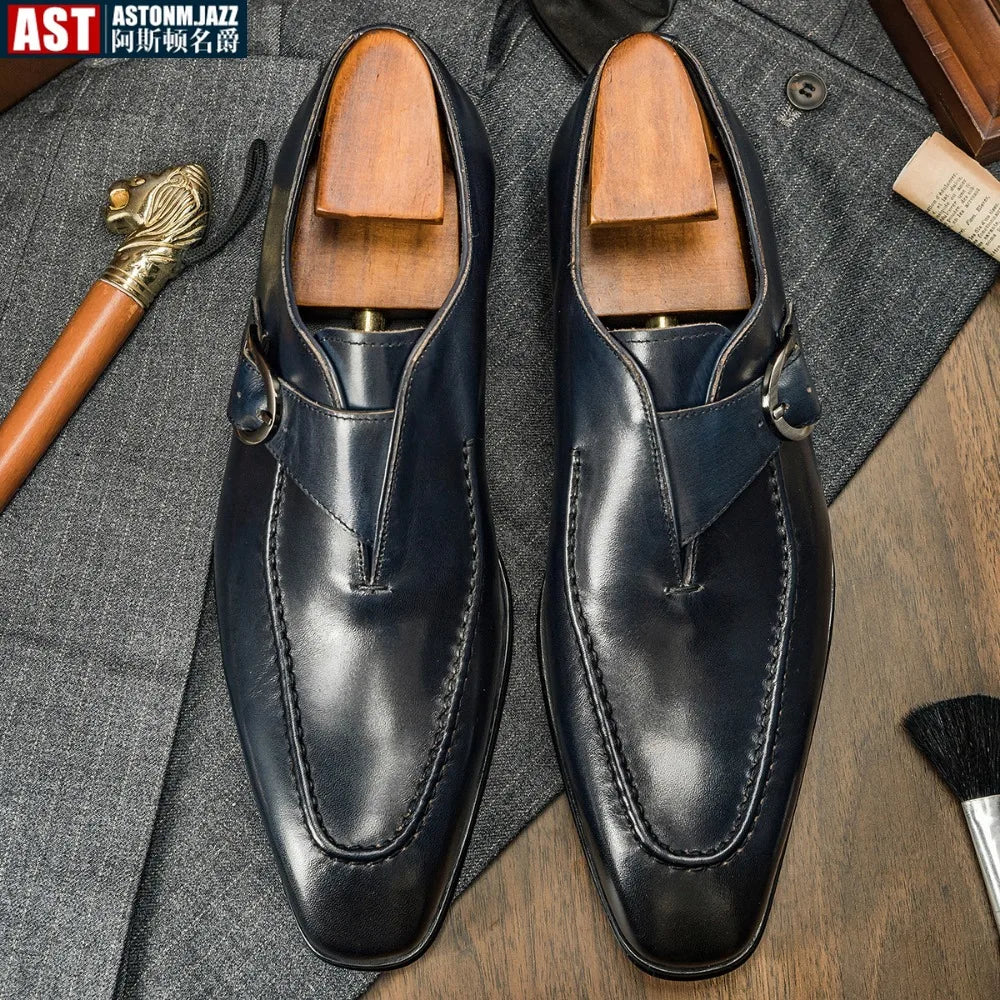 Amay Genuine Leather Mens Loafers Handmade Monk Strap Wedding Party Casual Dress Shoes Summer Autumn Footwear for Men