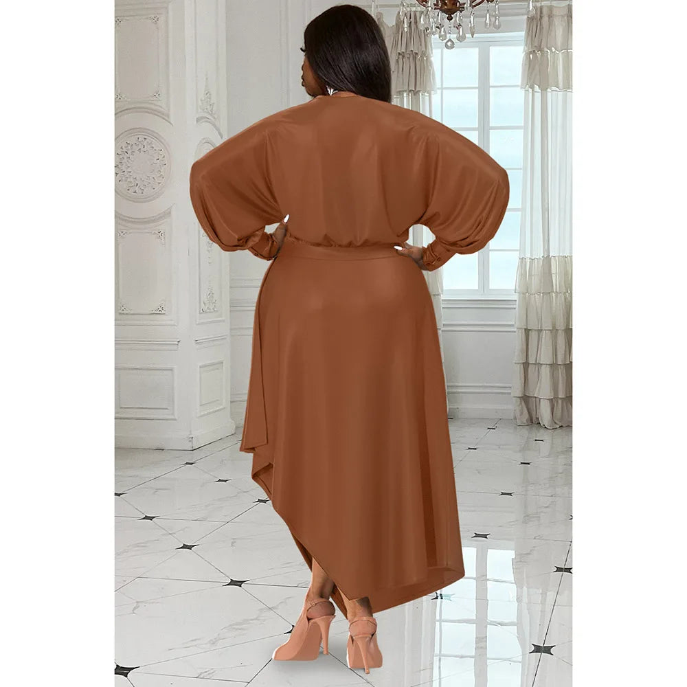 Maxy Plus Size Women's Everyday Dress Brown V Neck Long Sleeve Irregular Spring and Summer Satin Cinched Waist Maxy Dress