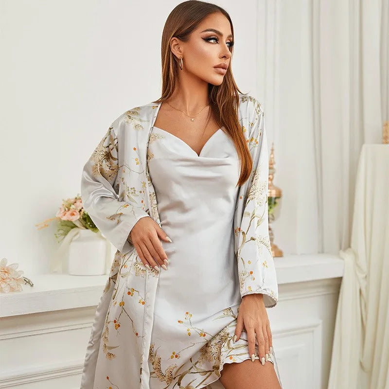 Max Four Pieces Pajamas Set Printed Little Cherry Sleepwear Women Satin Nightgown With Suspender Sling Shorts Summer Home Clothes