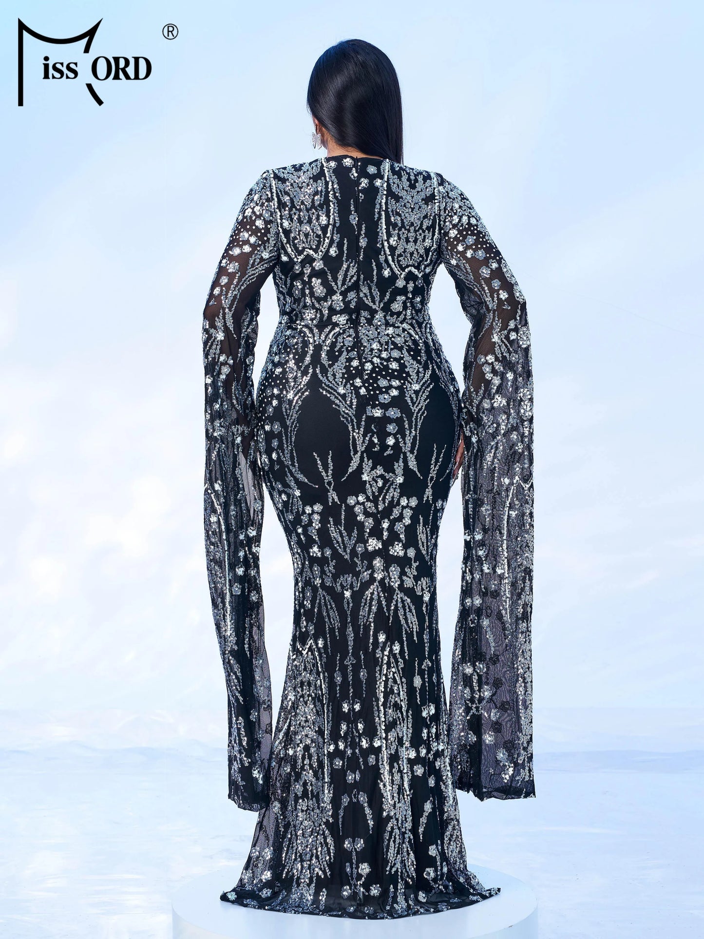 Maxy New Plus Size Church Muslim Dress Round Neck Sequin Extended Sleeve Evening Gown Formal Occasion Cocktail Ball Dresses