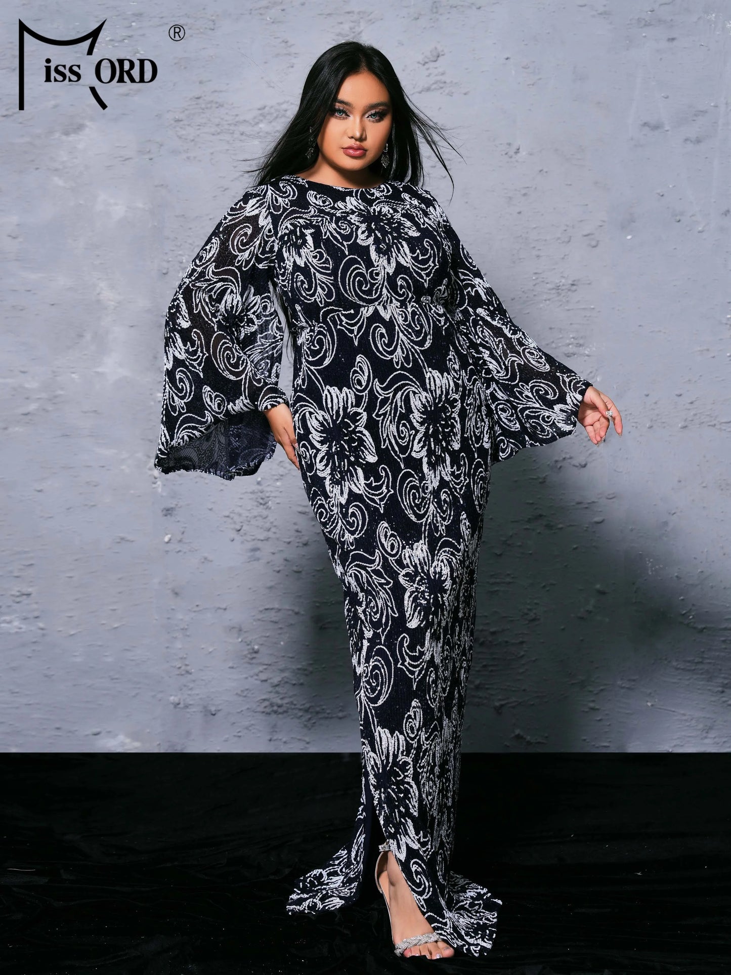 Momsey Plus Size 4XL Elegant Long Dress Women Summer Sequin Maxy Flare Sleeve Ruffled Loose Casual Robe Party Vestidos