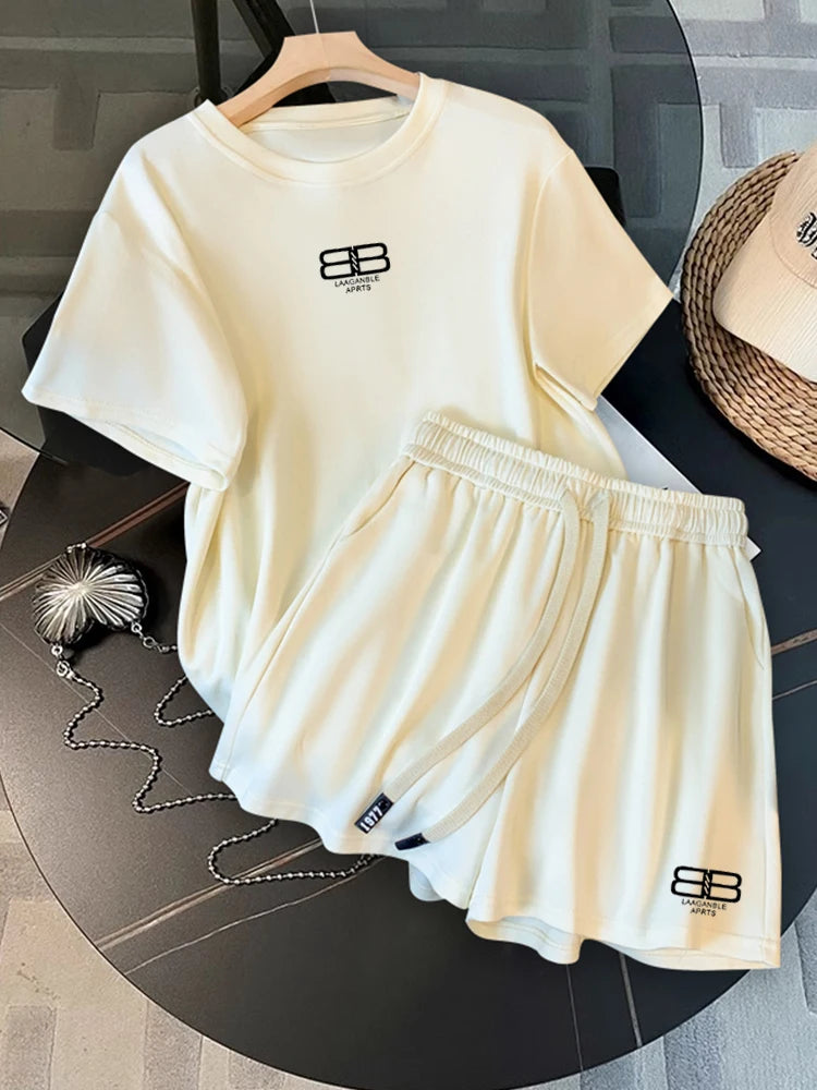 Summer Fashion Casual Tracksuit Female 2024 Loose Streetwear Short Sleeved T Shirt+Lace-Up Wide Leg Shorts 2 Piece Women Outfit