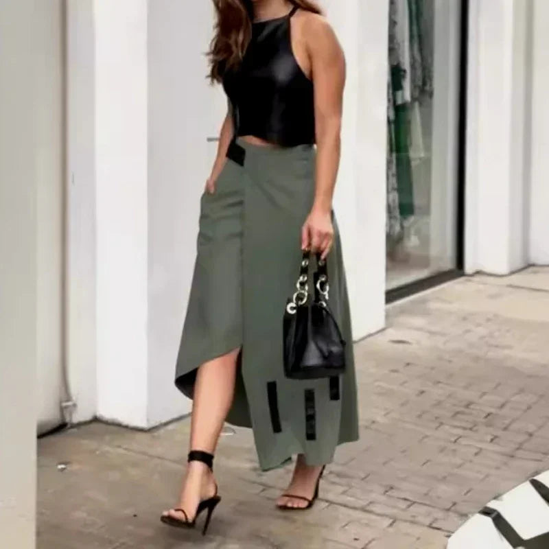 Maxy Elegant Dress Sets Women Striped PU Crop Top Straight Irregular Long Skirt Two Piece Set Tank Top Work Summer Sexy Matching Sets