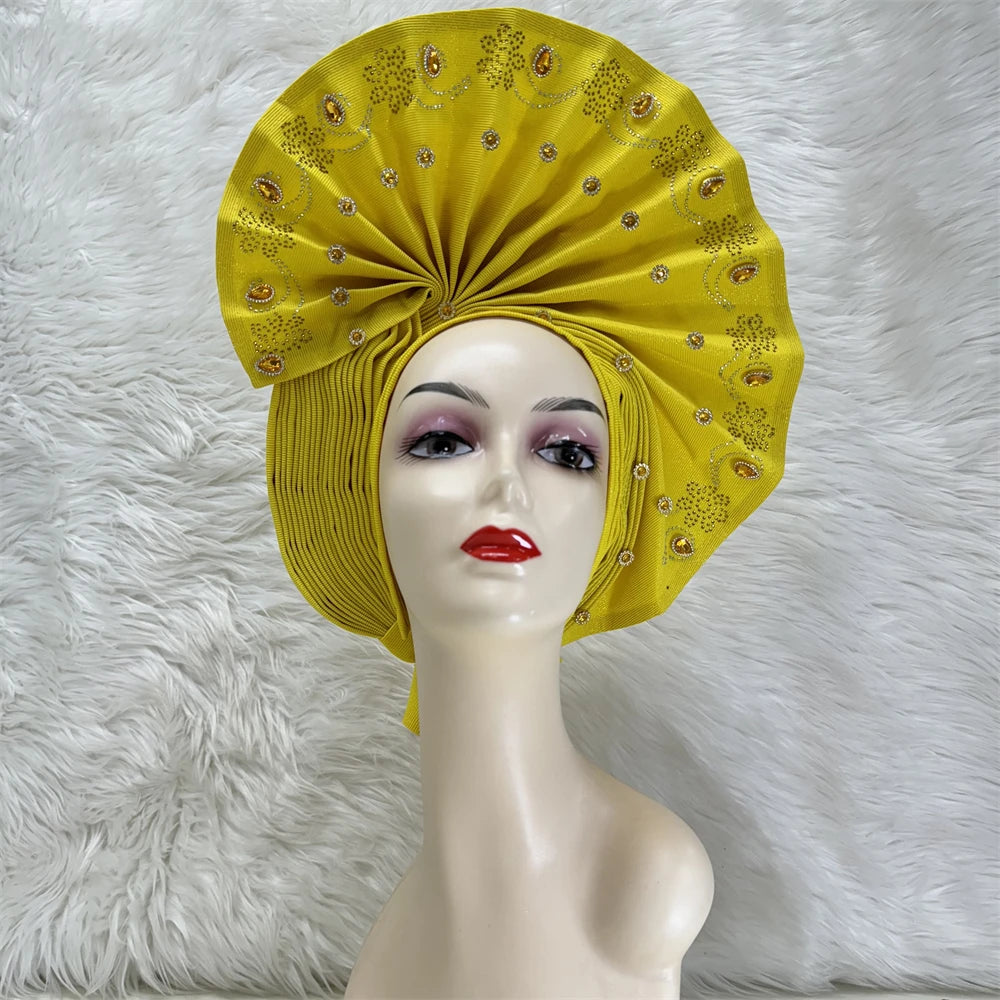 Maxy Luxury African Women’s Sego Head tie Crystal Stone Aso Oke Gele Aso Ebi Already Made Headtie Turban Cap Women Head Wear