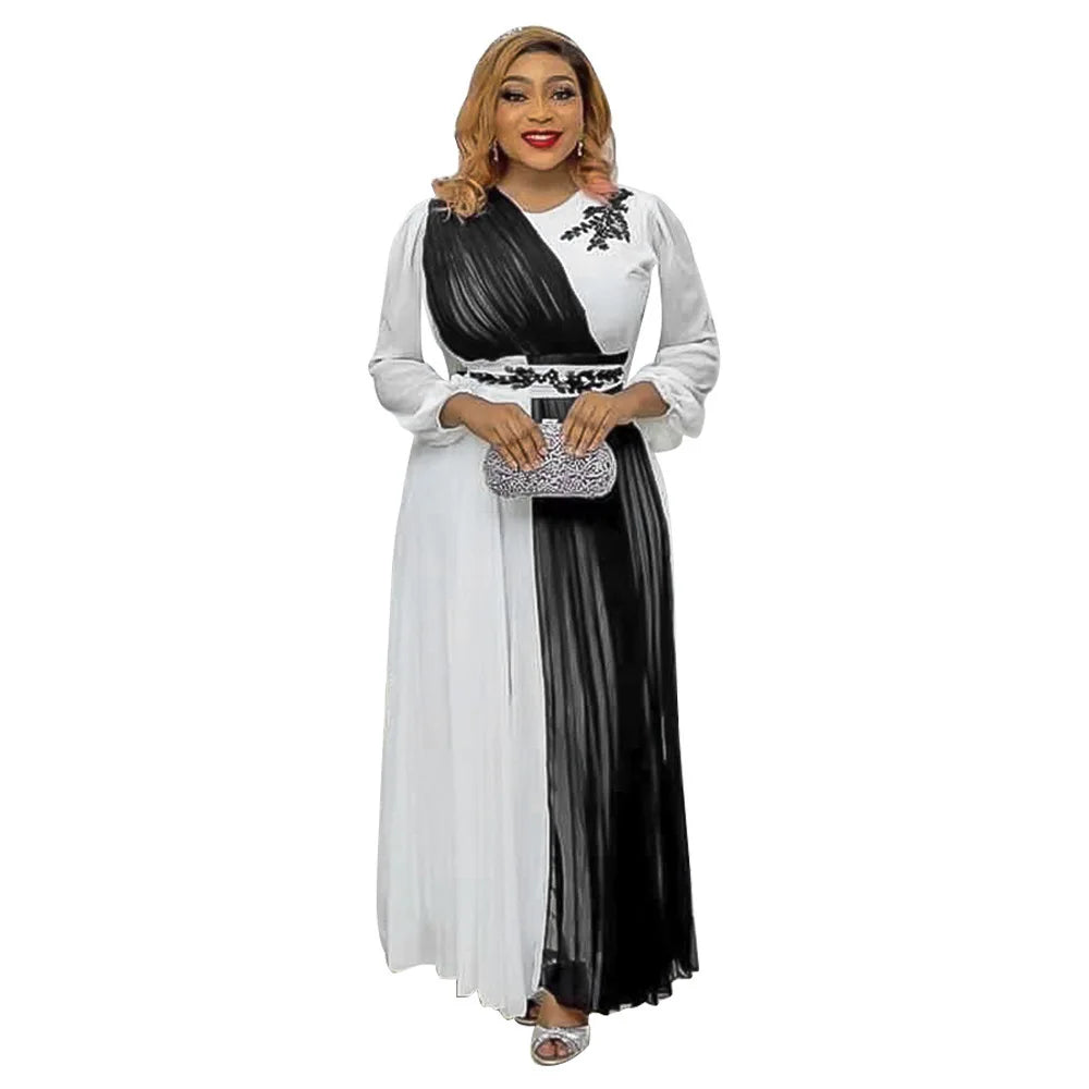 Amay Plus Loose Fitting Women's Patchwork Round Neck Long Sleeved Socialite High Waisted Dress Leisurely Vacation Robe