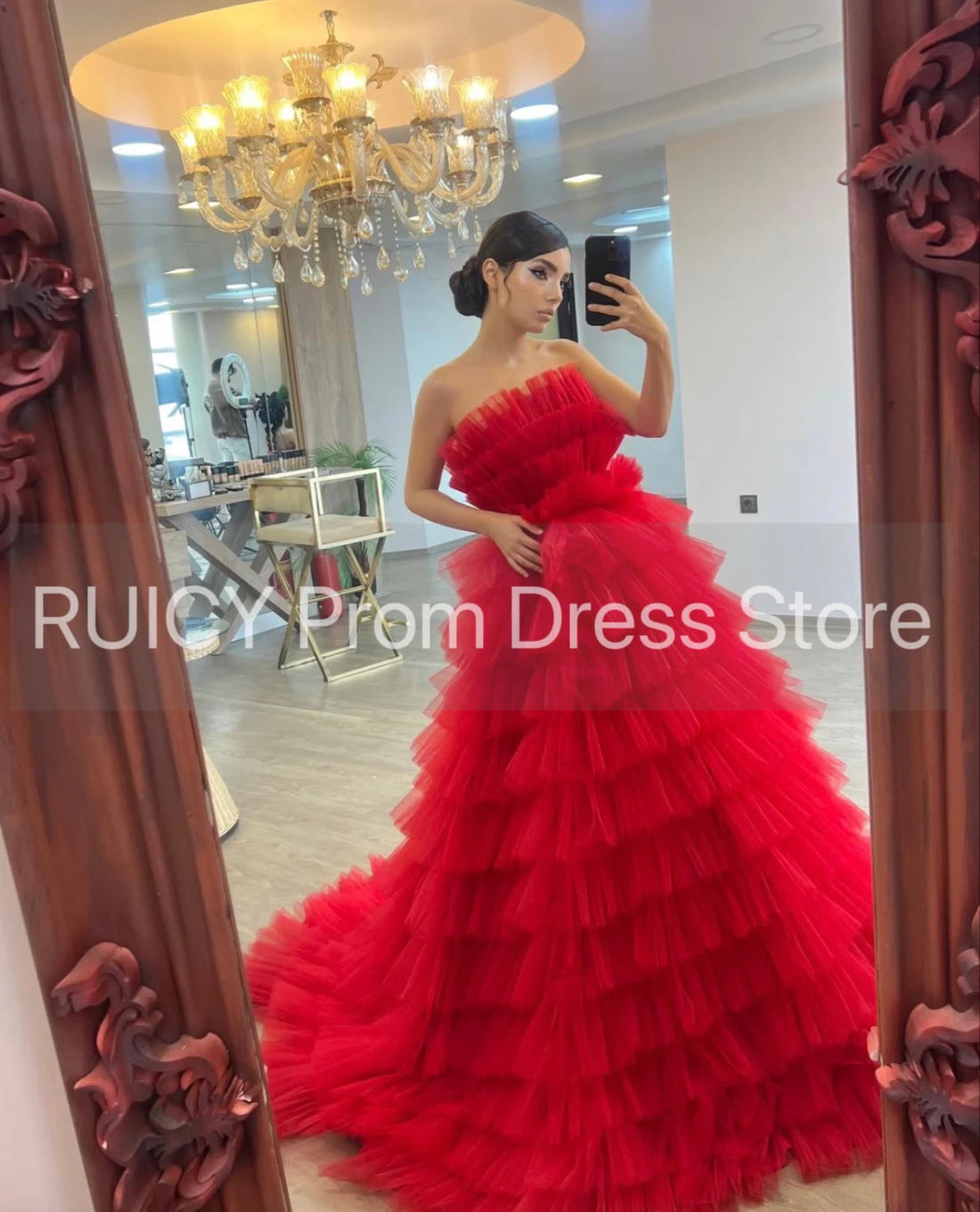 Maxy Customized Red Prom Dresses Elegant Women Strapless Tiered Dubai Bespoke Occasion Turkey Wedding Party Dress Gala Ball Gown